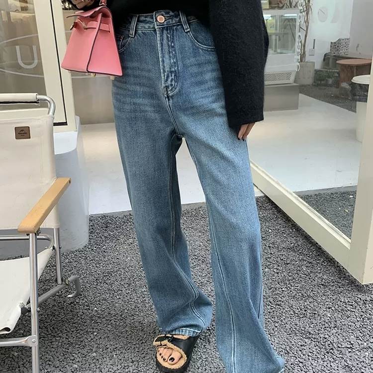 乐天商城 - デニムパンツ ボトムス フルレングス ハイウエスト ファスナー レディース かわいい 大人可愛い きれいめ 上品 こなれ感 シンプル カジュアル 主役級 存在感 個性的 韓国 オルチャン 伸縮性 デート お出かけ デニムパンツ ワイド ポケット ロング丈 無地 ストレート