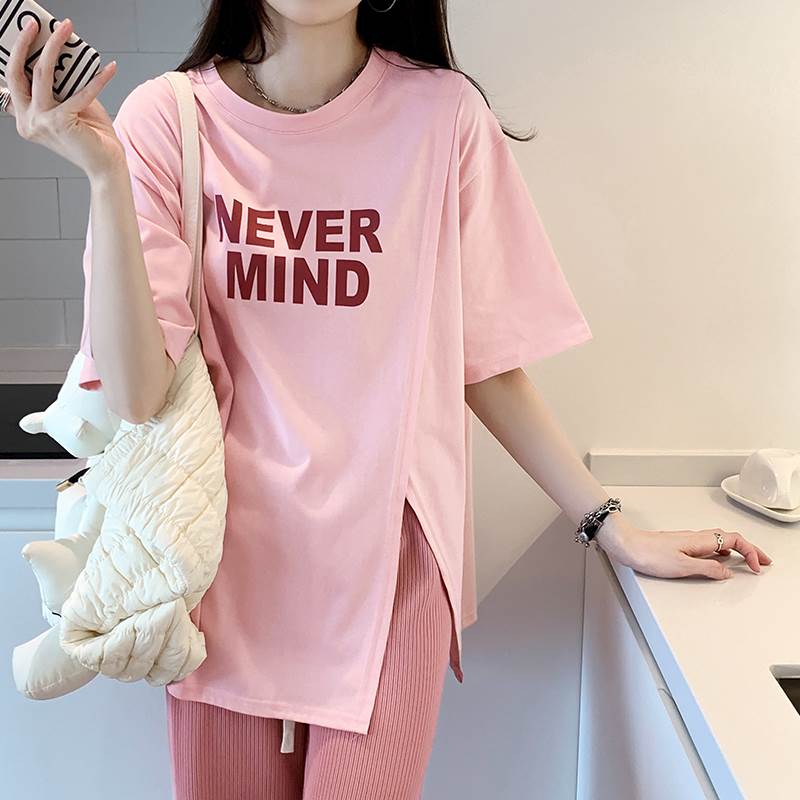 乐天商城 - Tシャツ カットソー ブラウス トップス 半袖 ラウンドネック レディース かわいい 大人可愛い きれいめ こなれ感 シンプル カジュアル 主役級 存在感 個性的 韓国 オルチャン デート お出かけ Tシャツ プルオーバー クルーネック スリット オーバーサイズ 5分袖