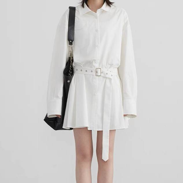 シャツワンピース ドレス スカート 送料無料 長袖 ポロカラー 襟付き ウエストマーク レディース かわいい 大人可愛い きれいめ 上品 こなれ感 シンプル カジュアル 主役級 存在感 個性的 韓国 オルチャン デート お出かけ シャツワンピース ショート丈 ミニ丈 Aライン 脚長