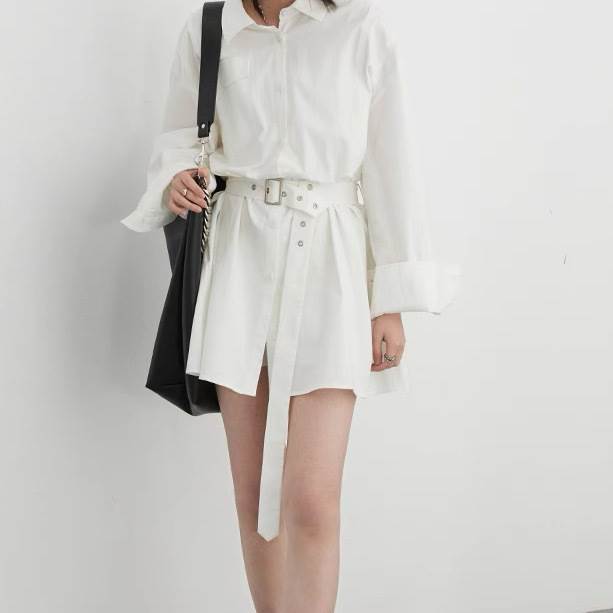 シャツワンピース ドレス スカート 送料無料 長袖 ポロカラー 襟付き ウエストマーク レディース かわいい 大人可愛い きれいめ 上品 こなれ感 シンプル カジュアル 主役級 存在感 個性的 韓国 オルチャン デート お出かけ シャツワンピース ショート丈 ミニ丈 Aライン 脚長