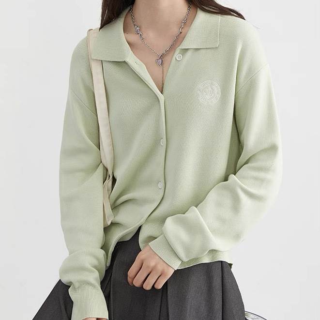 Nylon, Rayon, Polyester - ニットカーディガントップス 長袖 萌袖 ラフ ボタン 襟付き レディース かわいい 大人可愛い きれいめ こなれ感 シンプル カジュアル 主役級 存在感 個性的 韓国 オルチャン デート お出かけ ニットカーディガン ルーズ ミディアム丈 羽織 前開き ポロカラー モテ