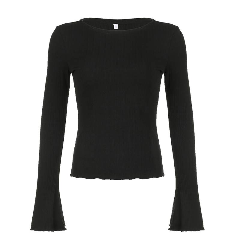 Long-Sleeved - シャツ ブラウス トップス カットソー ラウンドネック ストレート レディース かわいい 大人可愛い きれいめ 上品 こなれ感 シンプル カジュアル 主役級 存在感 個性的 韓国 オルチャン デート お出かけ シャツ プルオーバー ミディアム丈 長袖 フレアスリープ