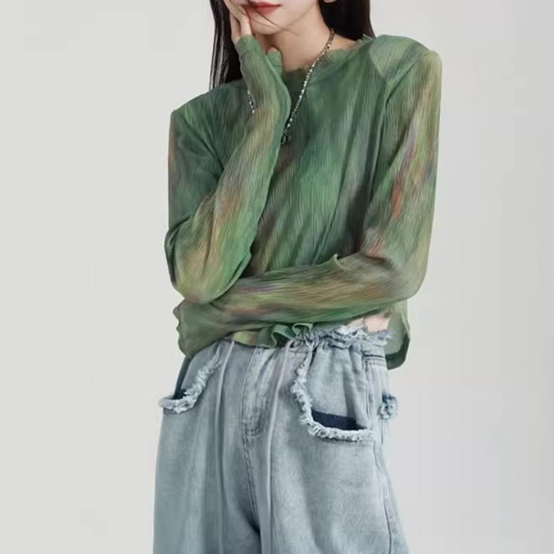 乐天商城 - Tシャツ ロンT カットソートップス ラウンドネック 長袖 萌袖 レディース かわいい 大人可愛い きれいめ こなれ感 シンプル カジュアル 主役級 存在感 個性的 韓国 オルチャン デート お出かけ Tシャツ プルオーバー 細身 タイト スリム ショート丈 グラデーション