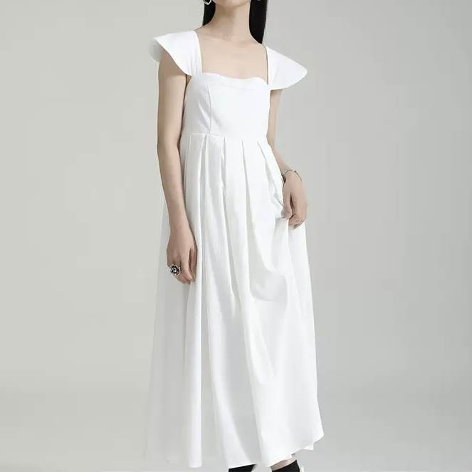 樂天商城 - ワンピース ドレス スカート ロング丈 ノースリーブ スクエアネック レディース かわいい 大人可愛い きれいめ こなれ感 シンプル カジュアル 主役級 存在感 個性的 韓国 オルチャン デート お出かけ ワンピース プルオーバー Aライン レトロ 薄手 バッククロス