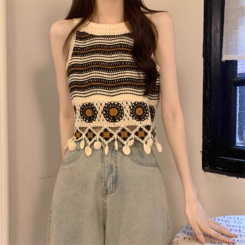 Camisole Knit - タンクトップ カットソー トップス ラウンドネック ノースリーブ レディース かわいい 大人可愛い きれいめ こなれ感 シンプル カジュアル 主役級 存在感 個性的 韓国 オルチャン デート お出かけ タンクトップ プルオーバー クロップド丈 かぎ編み サマーニット
