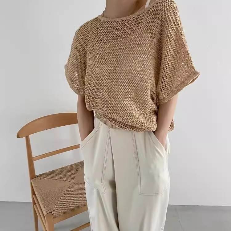 樂天商城 - 二ットソー サマーニット セーター トップス ラウンドネック ゆる レディース かわいい 大人可愛い きれいめ 上品 こなれ感 シンプル カジュアル 主役級 存在感 個性的 韓国 オルチャン デート お出かけ ニットソー プルオーバー ミディアム丈 フレンチスリーブ