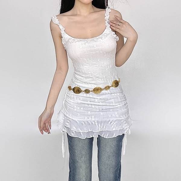 ワンピース ドレス スカート ミニ丈 ショート丈 ウエストマーク サスペンダー レディース かわいい 大人可愛い きれいめ 上品 こなれ感 シンプル カジュアル 主役級 存在感 個性的 韓国 オルチャン デート お出かけ ワンピース Aライン フリル レース 透け感 モテ