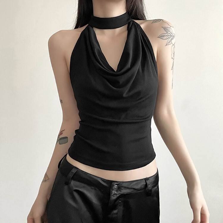 Sleeveless - シャツ ブラウス トップス カットソー ホルターネック ノースリーブ 袖なし レディース かわいい 大人可愛い きれいめ 上品 こなれ感 シンプル カジュアル 主役級 存在感 個性的 韓国 オルチャン デート お出かけ シャツ ショート丈 レトロ ボタン バックコンシャス