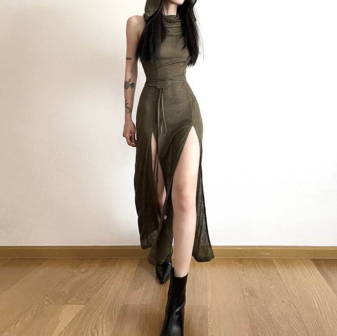 ワンピース ロング丈 マキシ丈 ドレス フーディー パーカー レディース かわいい 大人可愛い きれいめ こなれ感 シンプル カジュアル 主役級 存在感 個性的 韓国 オルチャン デート お出かけ ワンピース オールインワン スリット ノースリーブ バックコンシャス