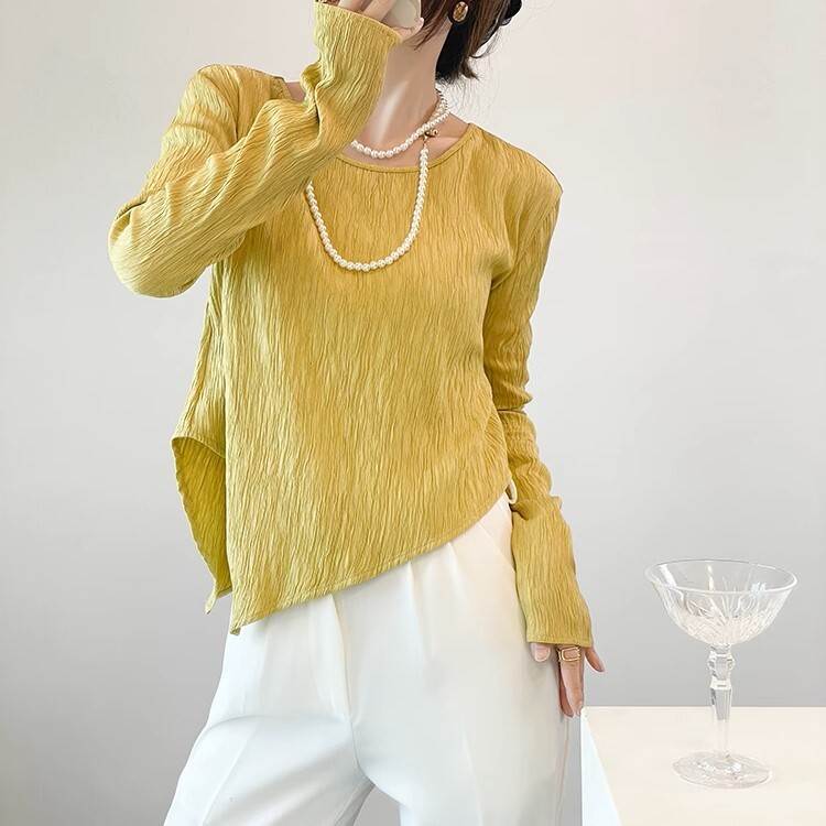 乐天商城 - シャツ ブラウス トップス カットソー 薄手 長袖 アシンメトリー レディース かわいい 大人可愛い きれいめ 上品 こなれ感 シンプル カジュアル 主役級 存在感 個性的 韓国 オルチャン デート お出かけ シャツ プルオーバー ショート丈 萌袖 ラウンドネック 軽やか