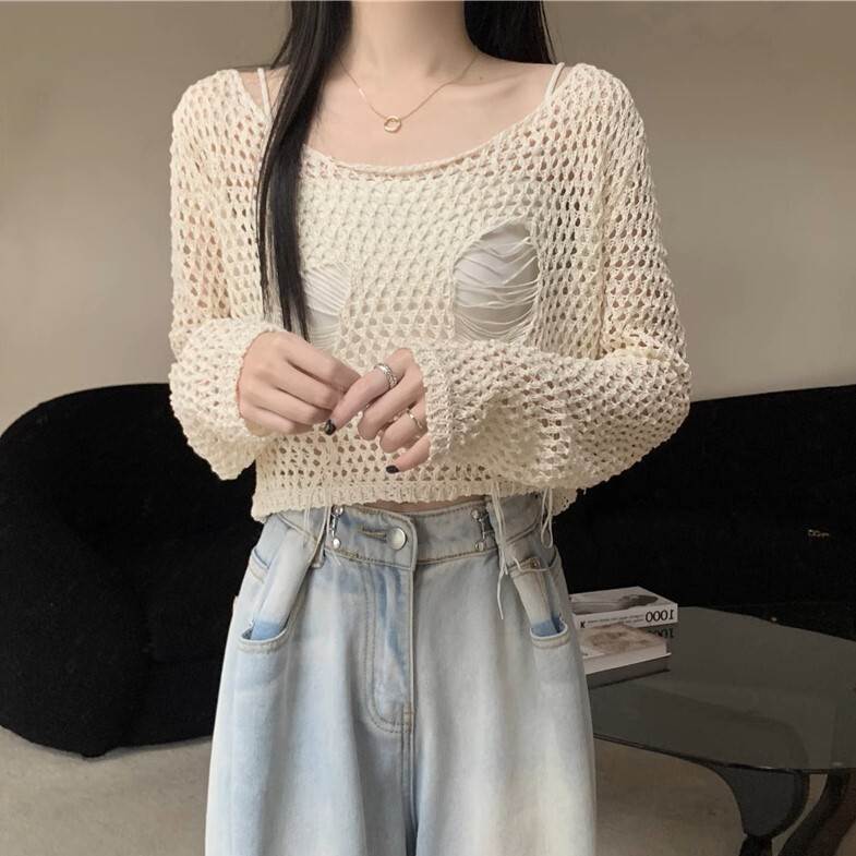 二ットソー サマーニット セーター トップス ラウンドネック ゆる レディース かわいい 大人可愛い きれいめ 上品 こなれ感 シンプル カジュアル 主役級 存在感 個性的 韓国 オルチャン デート お出かけ ニットソー プルオーバー ショート丈 ゆったり シースルー