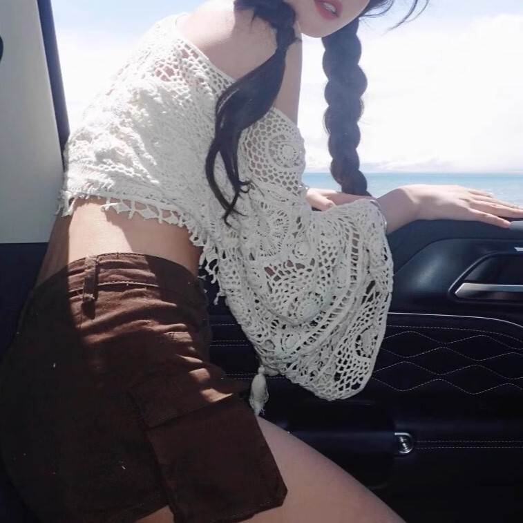 V-Neck - 二ットソー セーター サマーニット トップス Vネック ワイド レディース かわいい 大人可愛い きれいめ 上品 こなれ感 シンプル カジュアル 主役級 存在感 個性的 韓国 オルチャン デート お出かけ ニットソー プルオーバー ショート丈 シースルー かぎ針編み モテ