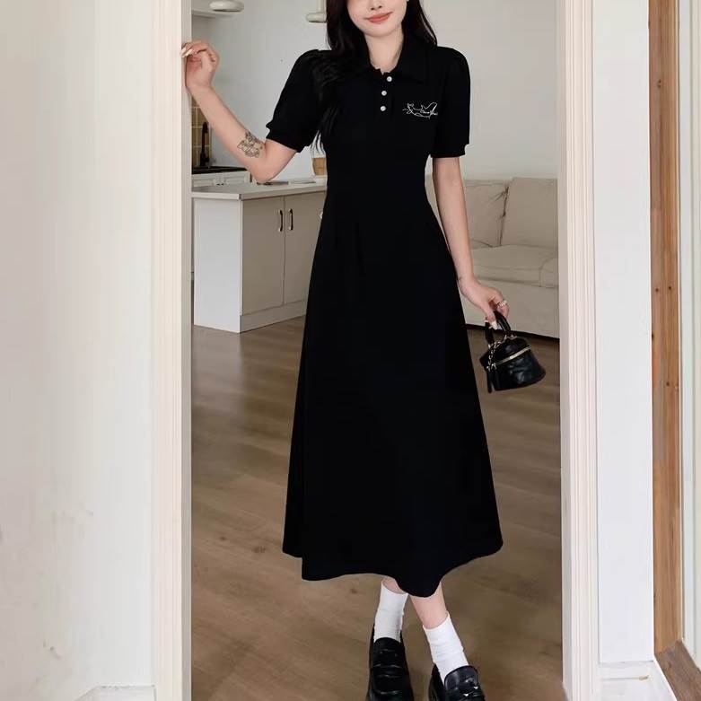 ワンピース ドレス スカート ロング丈 ウエストマーク 襟付き ポロカラー レディース かわいい 大人可愛い きれいめ 上品 こなれ感 シンプル カジュアル 主役級 存在感 個性的 韓国 オルチャン デート お出かけ ワンピース Aライン フレア 半袖 パフスリーブ ラフ