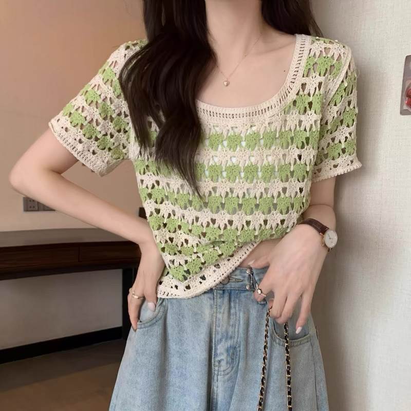 二ットソー サマーニット セーター トップス スクエアネック かぎ編み レディース ...