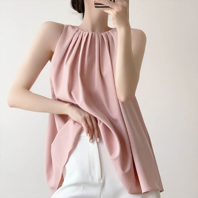 Sleeveless - シャツ カットソー トップス ブラウス インナー ノースリーブ レディース かわいい 大人可愛い きれいめ こなれ感 シンプル カジュアル 主役級 存在感 個性的 韓国 オルチャン デート お出かけ シャツ プルオーバー ミディアム丈 ホルターネック 袖なし ふんわり