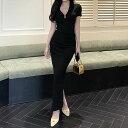 レディース ワンピース ドレス シャツワンピ ショート ロング 半袖 Vネック スリム スリット ハイウエスト 大人可愛い きれいめ 上品 おしゃれ かっこいい ラフ ガーリー クール エレガント フォーマル 都会的 セクシー 無地 春 夏 通勤 デー 韓国 オルチャン(4)