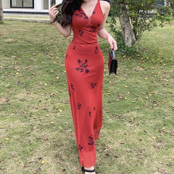 乐天商城 - ワンピース ロング丈 ドレス Vネック ノーカラー 薄手 レディース かわいい 大人可愛い きれいめ 上品 こなれ感 シンプル カジュアル 主役級 存在感 個性的 韓国 オルチャン デート お出かけ ワンピース オールインワン ウエストマーク スリム 半袖 ハイウエスト