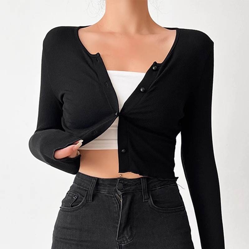 Nylon, Rayon, Polyester - カーディガン リブ トップス 羽織 前開き Vネック スリム レディース かわいい 大人可愛い きれいめ 上品 こなれ感 シンプル カジュアル 主役級 存在感 個性的 韓国 オルチャン デート お出かけ カーディガン 長袖 ショート丈 ボタン アウター 薄手 華やか 萌袖