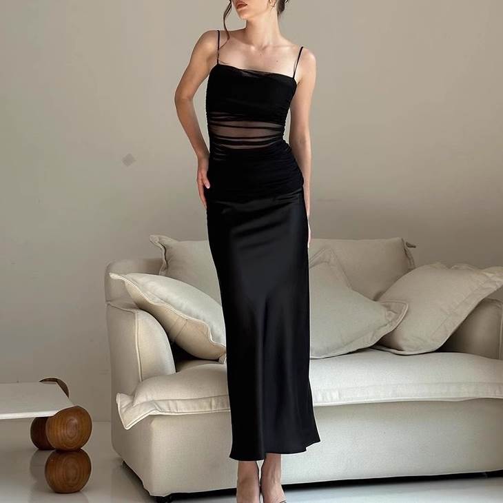 乐天商城 - キャミソールワンピース ドレス スカート ノースリーブ レディース かわいい 大人可愛い きれいめ こなれ感 シンプル カジュアル 主役級 存在感 個性的 韓国 オルチャン デート お出かけ キャミソールワンピース ロング丈 ハイウエスト バックスリット サテン モテ