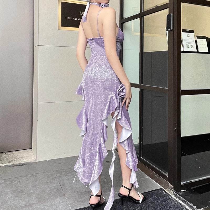 スリップドレス ワンピース ロング丈 スリット ノーカラー レディース かわいい 大人可愛い きれいめ こなれ感 シンプル カジュアル 主役級 存在感 個性的 韓国 オルチャン デート お出かけ スリップドレス オールインワン ラメ感 フリル ノースリーブ 谷間見せ