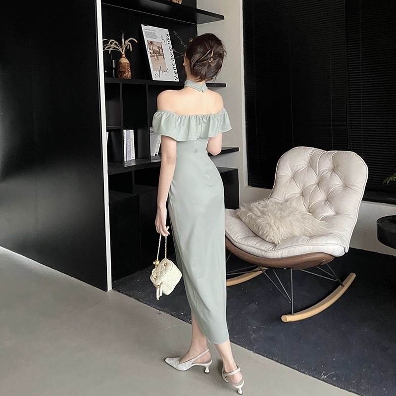 レディース ドレス ワンピース パーティー 二次会 披露宴 演奏会 発表会 ステージ 舞台 キャバ ラウンジ クラブ イベント ロング 半袖 フレアスリーブ オフショル タイト スリム アシンメトリー 切り替え 細身 Iライン カクテル イブニ 韓国 オルチャン