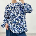 レディース トップス シャツ 長袖 パフスリーブ ラウンドネック 襟なし ワイド ボタン 薄手 かわいい 大人可愛い カジュアル おしゃれ エキゾチック こなれ...