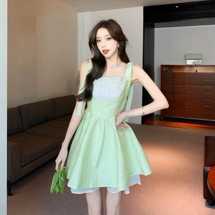レディース ワンピース フレア ミニ 膝上 袖なし スクエアネック スリム Aライン 切り替え ドッキング フェミニン リボン ハイウエスト 透け感 薄手 かわいい 大人可愛い きれいめ 上品 おしゃれ エキゾチック こなれ感 ガーリー 個性的 エレ 韓国 オルチャン