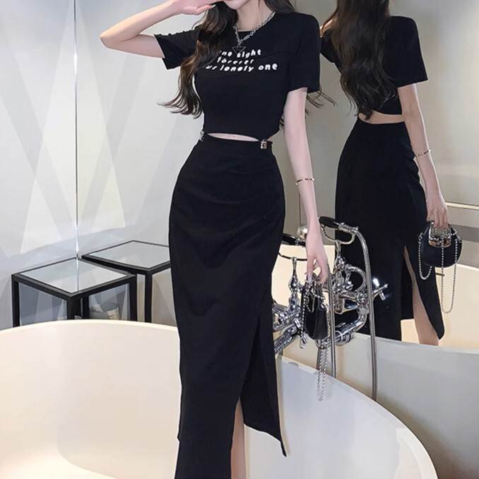 セットアップ カットソー ロングスカート トップス ボトムス ミモレ丈 レディース かわいい 大人可愛い きれいめ 上品 こなれ感 シンプル カジュアル 主役級 存在感 個性的 韓国 オルチャン デート お出かけ セットアップ スリム 美脚 Iライン サイドスリット 薄手