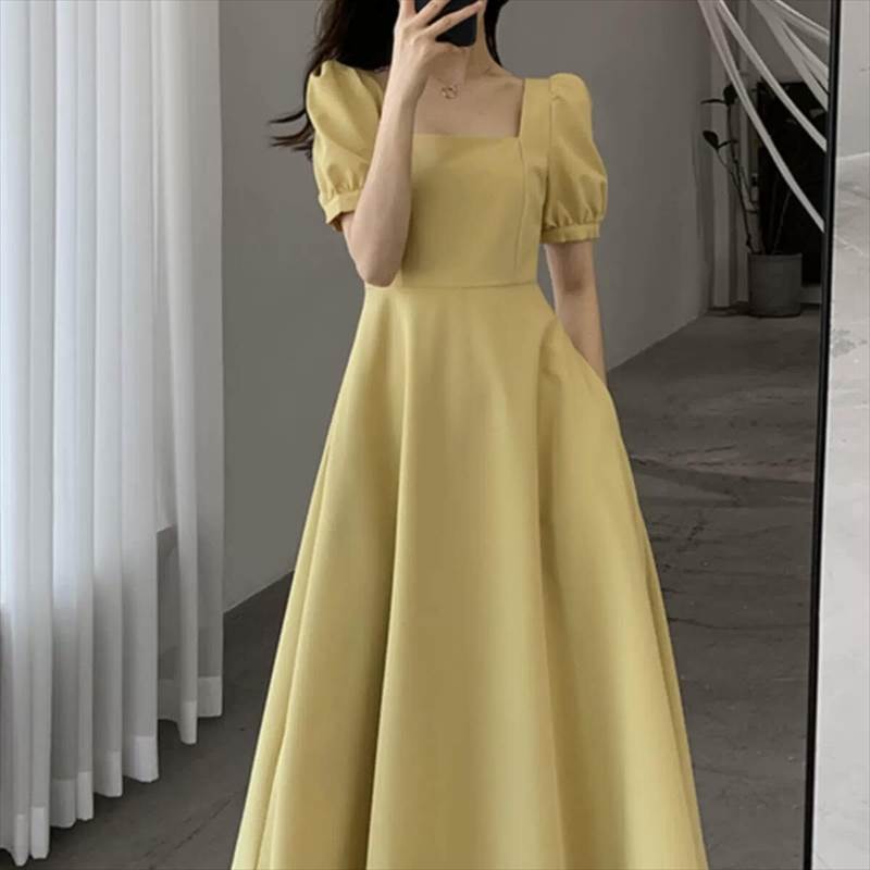 乐天商城 - ワンピース ドレス スカート 半袖 Aライン フレア ハイウエスト レディース かわいい 大人可愛い きれいめ 上品 こなれ感 シンプル カジュアル 主役級 存在感 個性的 韓国 オルチャン デート お出かけ ワンピース パフスリーブ ロング丈 スクエアネック 華やか
