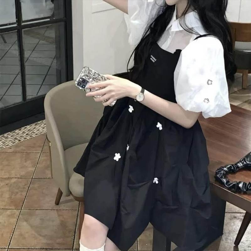 セットアップ シャツ ワンピース 送料無料 トップス ボトムス ひざ丈 半袖 パフスリーブ レディース かわいい 大人可愛い きれいめ こなれ感 シンプル カジュアル 主役級 存在感 個性的 韓国 オルチャン デート お出かけ セットアップ 襟付き サスペンダー フリル Aライン