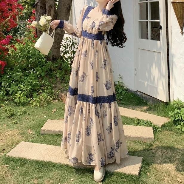 乐天商城 - ワンピース ドレス スカート 長袖 Aライン フレア ハイウエスト レディース かわいい 大人可愛い きれいめ 上品 こなれ感 シンプル カジュアル 主役級 存在感 個性的 韓国 オルチャン デート お出かけ ワンピース パフスリーブ ロング丈 スクエアネック 華やか
