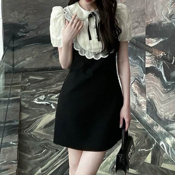 ワンピース ドレス スカート ミニ丈 ショート丈 ウエストマーク 刺繍 襟付き レディース かわいい 大人可愛い きれいめ 上品 こなれ感 シンプル カジュアル 主役級 存在感 個性的 韓国 オルチャン デート お出かけ ワンピース Aライン リボン パフスリーブ 半袖