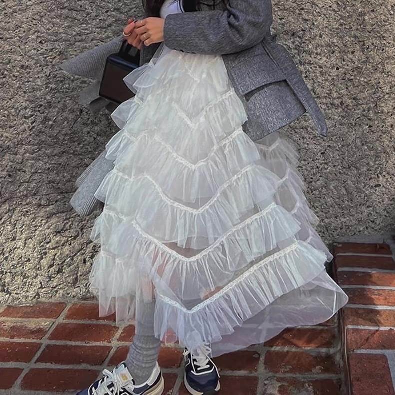 ティアードスカート ボトムス ロング丈 送料無料 ハイウエスト 脚長 ウエストゴム レディース かわいい 大人可愛い きれいめ 上品 こなれ感 シンプル カジュアル 主役級 存在感 個性的 韓国 オルチャン デート お出かけ ティアードスカート Aライン 裏地 チュール フリル