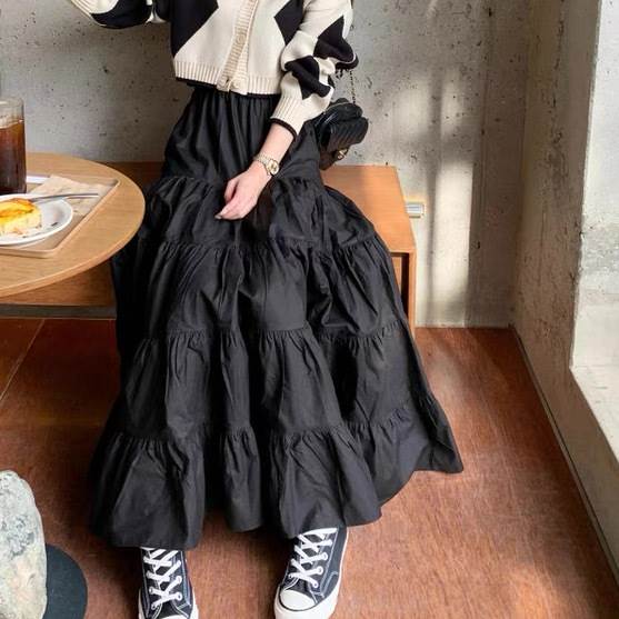 Rakuten - ティアードスカート ボトムス ロング丈 マキシ丈 ハイウエスト 脚長 レディース かわいい 大人可愛い きれいめ 上品 こなれ感 シンプル カジュアル 主役級 存在感 個性的 韓国 オルチャン デート お出かけ ティアードスカート Aライン ギャザー ラフ ウエストゴム