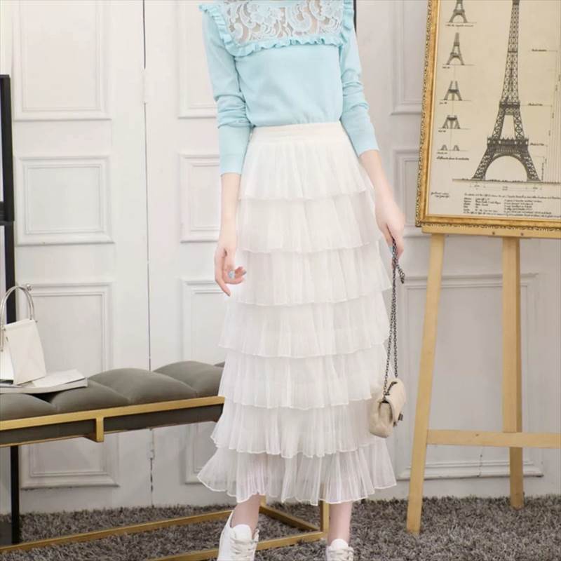 乐天商城 - ティアードスカート ボトムス ロング丈 ハイウエスト 脚長 ウエストゴム レディース かわいい 大人可愛い きれいめ 上品 こなれ感 シンプル カジュアル 主役級 存在感 個性的 韓国 オルチャン デート お出かけ ティアードスカート Aライン 裏地 チュール フリル