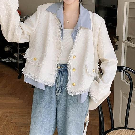 レディース トップス アウター ジャケット 長袖 Vネック 襟付き タッセル ボタン 前開き ワイド ポケット 個性的 S M L XL 白 かわいい 大人可愛い きれいめ 上品 おしゃれ シンプル カジュアル 大人女子 かっこいい 韓国 オルチャン ジャケット ツイード 春 デート(4)