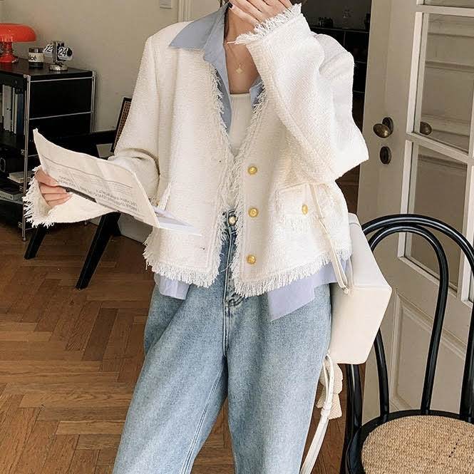 レディース トップス アウター ジャケット 長袖 Vネック 襟付き タッセル ボタン 前開き ワイド ポケット 個性的 S M L XL 白 かわいい 大人可愛い きれいめ 上品 おしゃれ シンプル カジュアル 大人女子 かっこいい 韓国 オルチャン ジャケット ツイード 春 デート