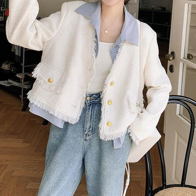 レディース トップス アウター ジャケット 長袖 Vネック 襟付き タッセル ボタン 前開き ワイド ポケット 個性的 S M L XL 白 かわいい 大人可愛い きれいめ 上品 おしゃれ シンプル カジュアル 大人女子 かっこいい 韓国 オルチャン ジャケット ツイード 春 デート