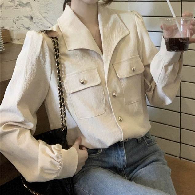 Long-Sleeved - レディース トップス シャツ 羽織 前開き 長袖 ショート パフスリーブ Vネック 襟付き ストレート ポケット ボタン 薄手 送料無料 個性的 フリーサイズ アプリコット 紺 かわいい 大人可愛い きれいめ シンプル カジュアル 上品 おしゃれ 韓国 オルチャン 無地 春 秋 デート