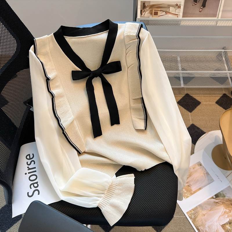 乐天商城 - レディース トップス ブラウス 長袖 Vネック ショート シフォン シースルー 透け感 異素材ミックス フリル リボン 送料無料 個性的 S M L XL アプリコット 黒 かわいい 大人可愛い きれいめ おしゃれ カジュアル シンプル ガーリー 韓国 オルチャン モダン 無地 春 秋 デート