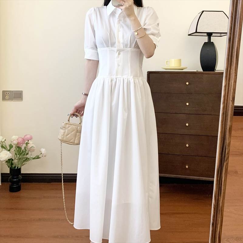 樂天商城 - レディース ワンピース ドレス シャツ ロング 半袖 襟付き 前開き ボタン ハイウエスト ウエストマーク Aライン フレア 送料無料 個性的 XS S M L 白 かわいい 大人可愛い きれいめ 上品 おしゃれ ガーリー エレガント ナチュラル 韓国 オルチャン 無地 夏 デート お出かけ
