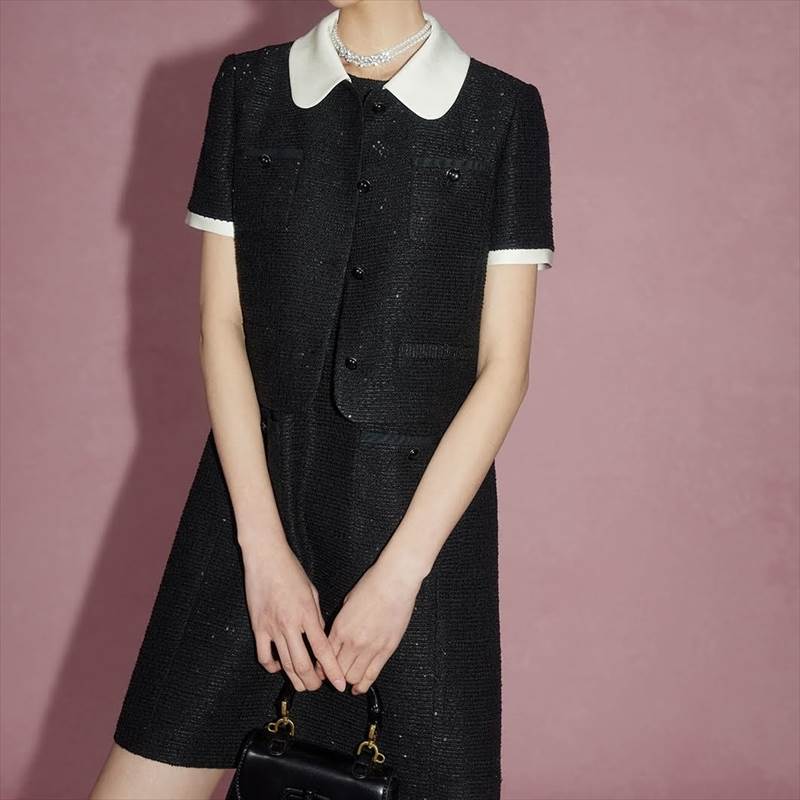 レディース セットアップ ジャケット 半袖 襟付き ボタン 前開き ポケット スカート ショート丈 ワンピース ノースリーブ 3点セット 上下セット スリム 細身 きれいめ 上品 おしゃれ お洒落 大人可愛い 大人女子 かっこいい スタイリッシュ エレ 韓国 オルチャン