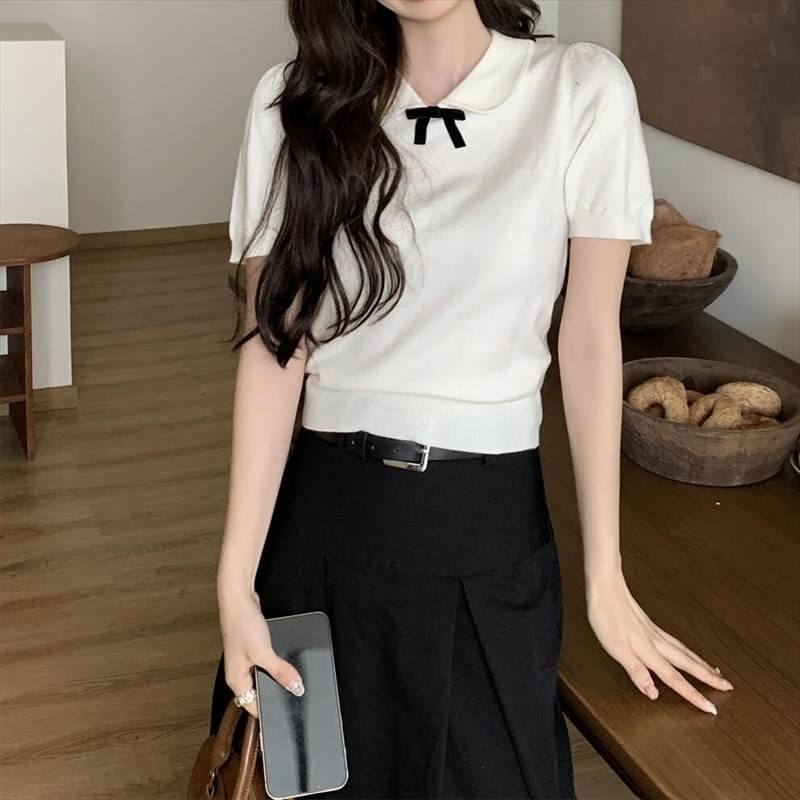 乐天商城 - レディース トップス カットソー 半袖 襟付き ショート丈 リボン プルオーバー 無地 スリム 細身 きれいめ 上品 おしゃれ お洒落 大人可愛い 大人女子 シンプル カジュアル かっこいい キュート ラブリー ガーリー フェミニン レトロ 主役級 存在感 韓国 オルチャン