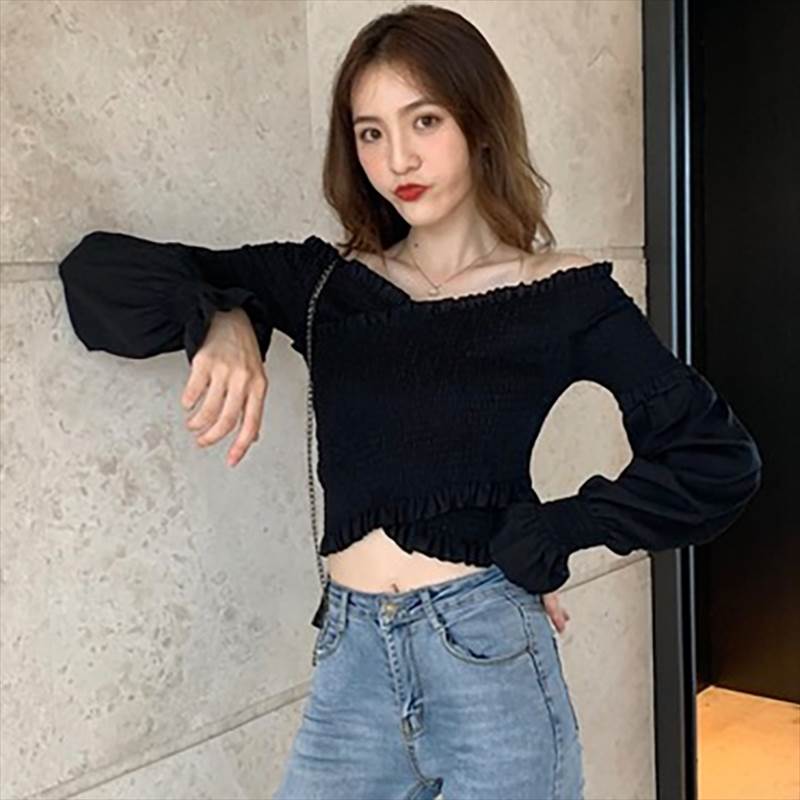 乐天商城 - レディース ブラウス シャツ オフショルダー トップス シャーリング クロス 長袖 白 黒 ボリューム袖 カジュアル 韓国 ミニ丈 タイト ボディライン OL 大人 可愛い きれいめ おしゃれ ルームウェア お散歩 スポーティー 学生 通学 着回し 普段使い モ 韓国 オルチャン