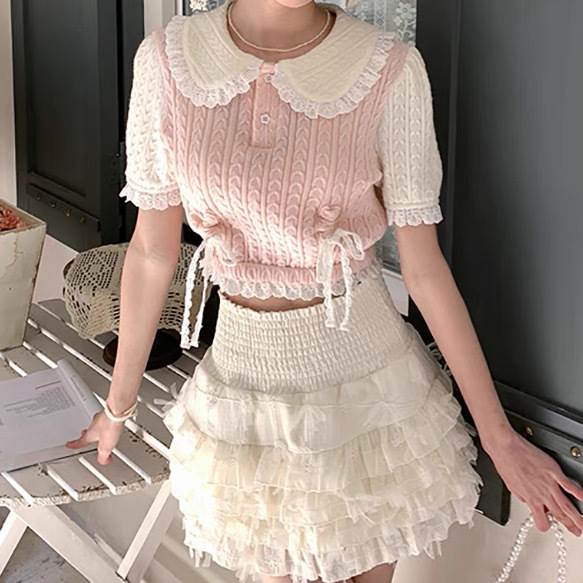 レディース トップス カットソー ニットソー サマーセーター サマーニット ショート 半袖 パフスリーブ フリル袖 バルーン袖 ラウンドネック 襟付き 丸襟 スリム フェミニン レース フリル リボン ハイウエスト ケーブルニット 伸縮性 ボタン 配色 韓国 オルチャン