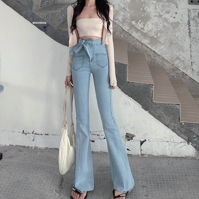 Boot Cut Jeans - レディース デニム パンツ ジーンズ ハイウエスト リボン ブーツカット フレア 韓国 ストレッチ ふんわり シンプル カジュアル OL 学生 おしゃれ きれいめ スタイルアップ ウエストマーク 大人 可愛い 着回し お出かけ デート お散歩 普段使い 女子会 韓国 オルチャン