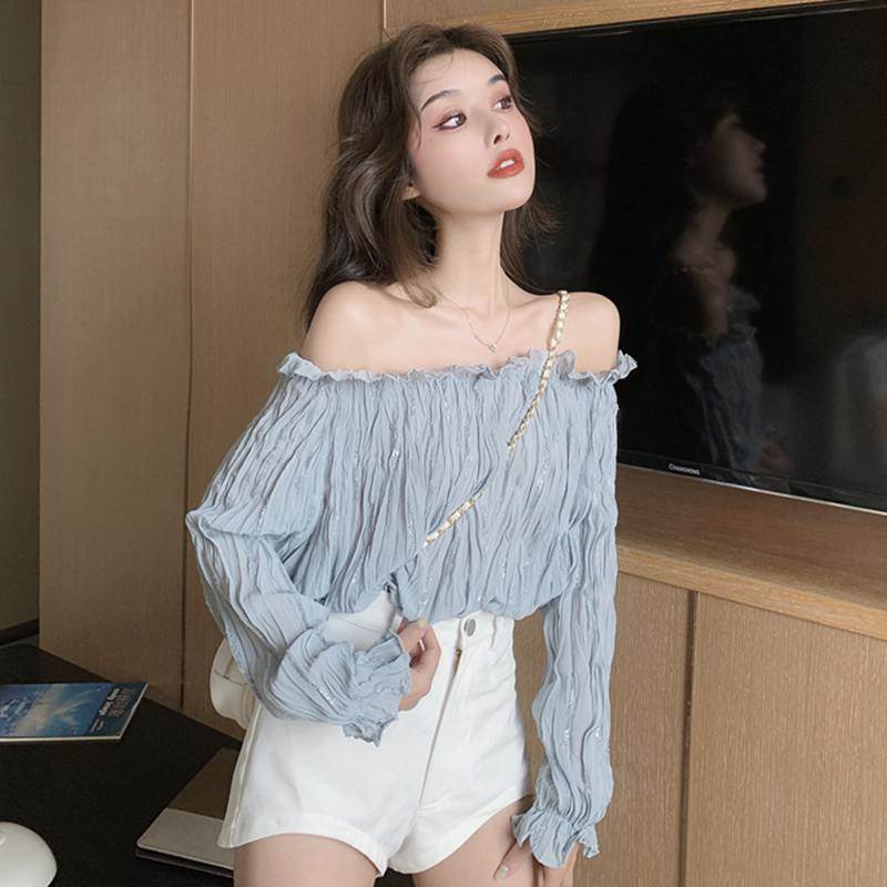 トップス レディース オフショル ブラウス シフォン シャーリング チュニック ワッシャー加工 ラメ ストライプ ボリューム袖 韓国 シンプル カジュアル 大人 可愛い こなれ感 きれいめ OL 学生 通勤 通学 おしゃれ お散歩 着回し 普段使い 部屋着 モテ 韓国 オルチャン