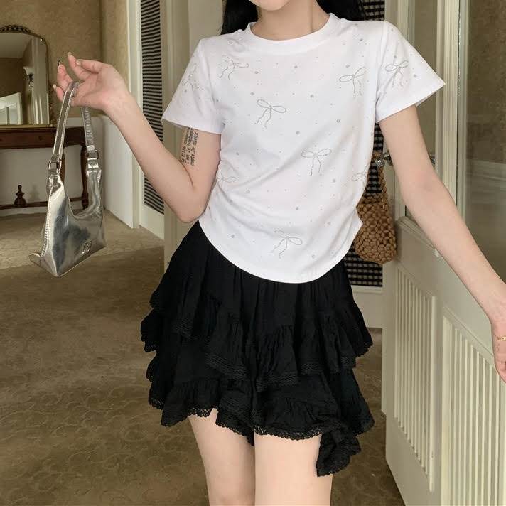 樂天商城 - レディース トップス Tシャツ 半袖 リボン柄 ラウンドネック プルオーバー スリム 細身 きれいめ 上品 おしゃれ お洒落 大人可愛い 大人女子 シンプル カジュアル かっこいい エレガント キュート ラブリー ガーリー フェミニン レトロ 主役級 存 韓国 オルチャン