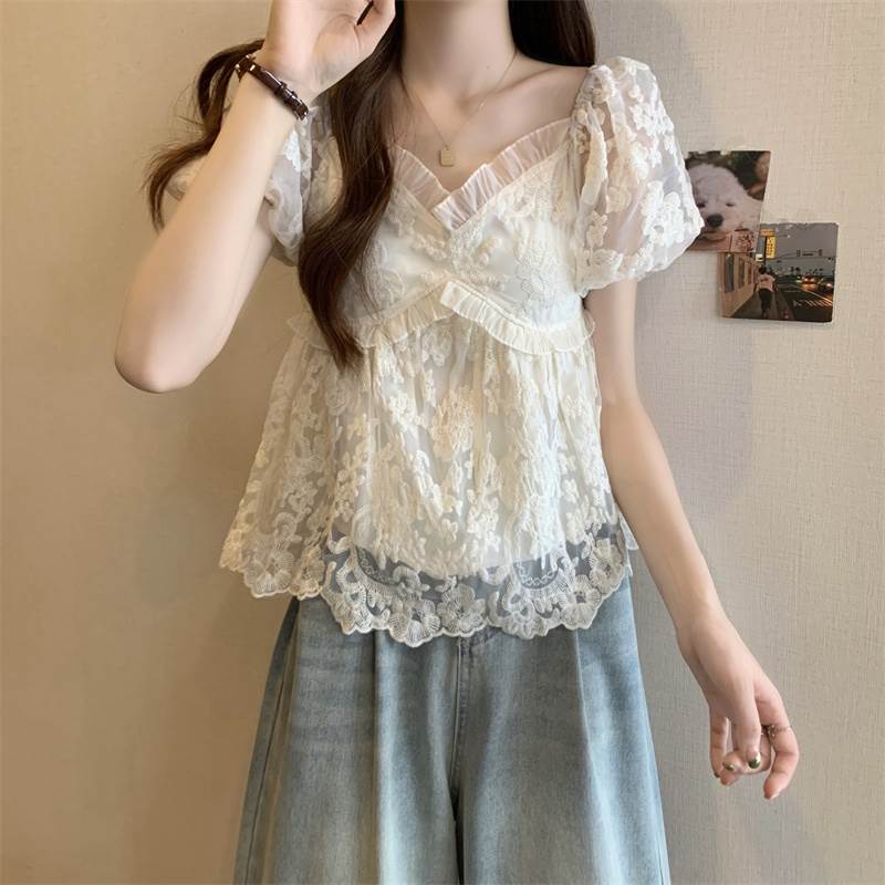 レディース トップス シャツ 半袖 Vネック レース 刺繍 透け感 シースルー 大人可愛い きれいめ おしゃれ かっこいい ラフ ガーリー クール 都会的 ロマンティック セクシー 春 夏 通勤 デート お出かけ お泊まり イベント リゾート 旅行 海 レ 韓国 オルチャン