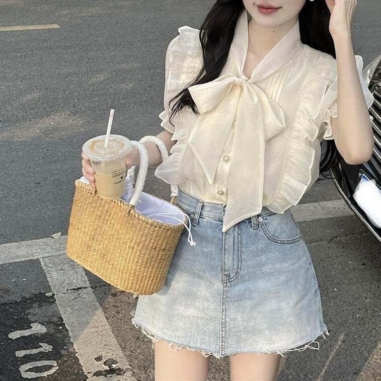 レディース トップス シャツ 半袖 Vネック 蝶ネクタイ リボン フリル ボタン 前開き 薄手 スリム 細身 ..